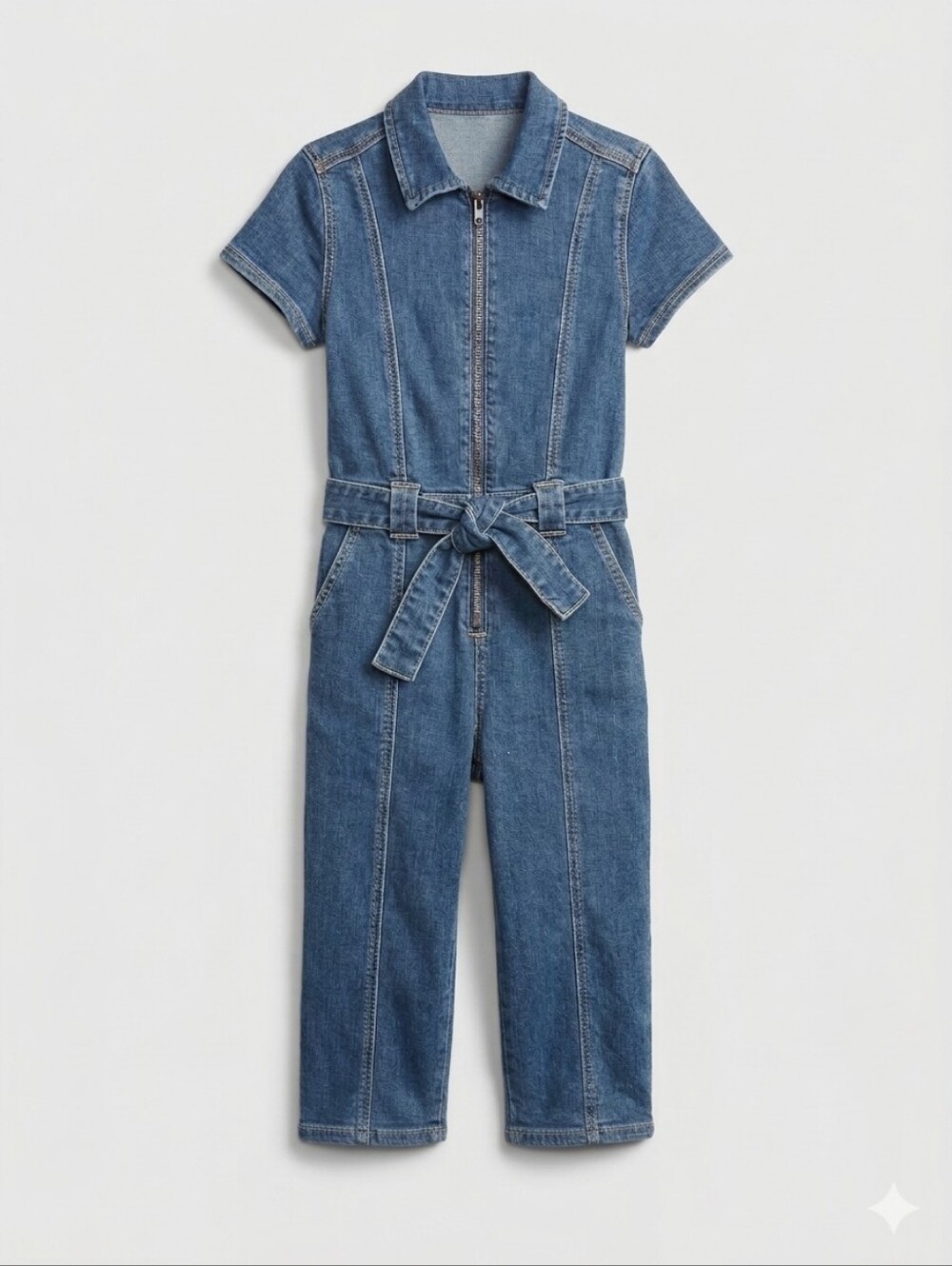 936 Abercrombie Kids Dark Wash Denim Short Sleeve Jumpsuit Zipper Tie Waist